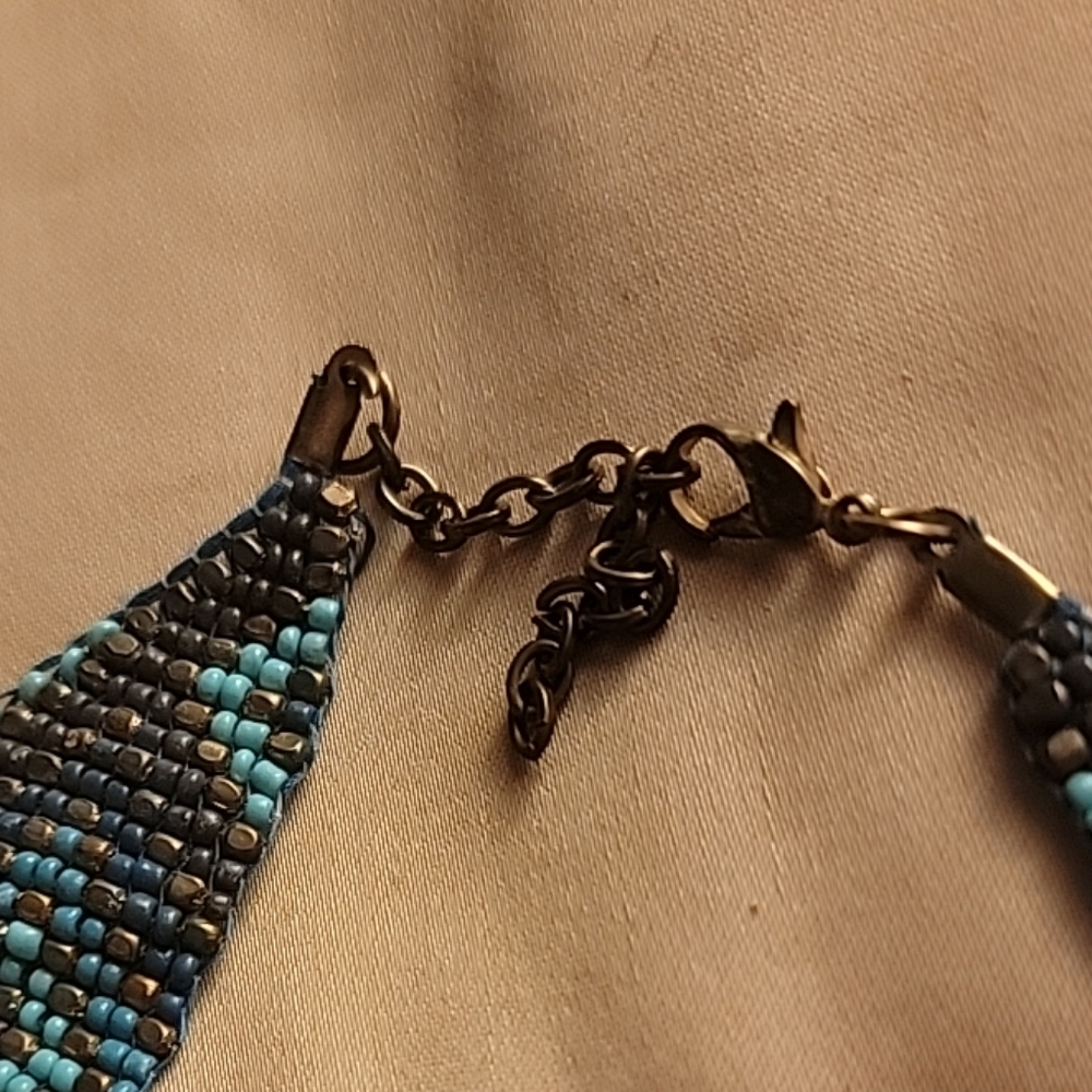 Native American Style Woven Turquoise And Bronze Bead Fringe Tribal Necklace - Picture 3 of 10
